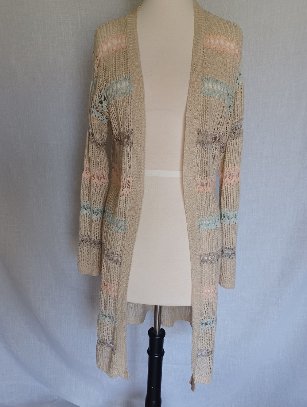 Beige Open-Front Knit Cardigan with Pastel Stripes